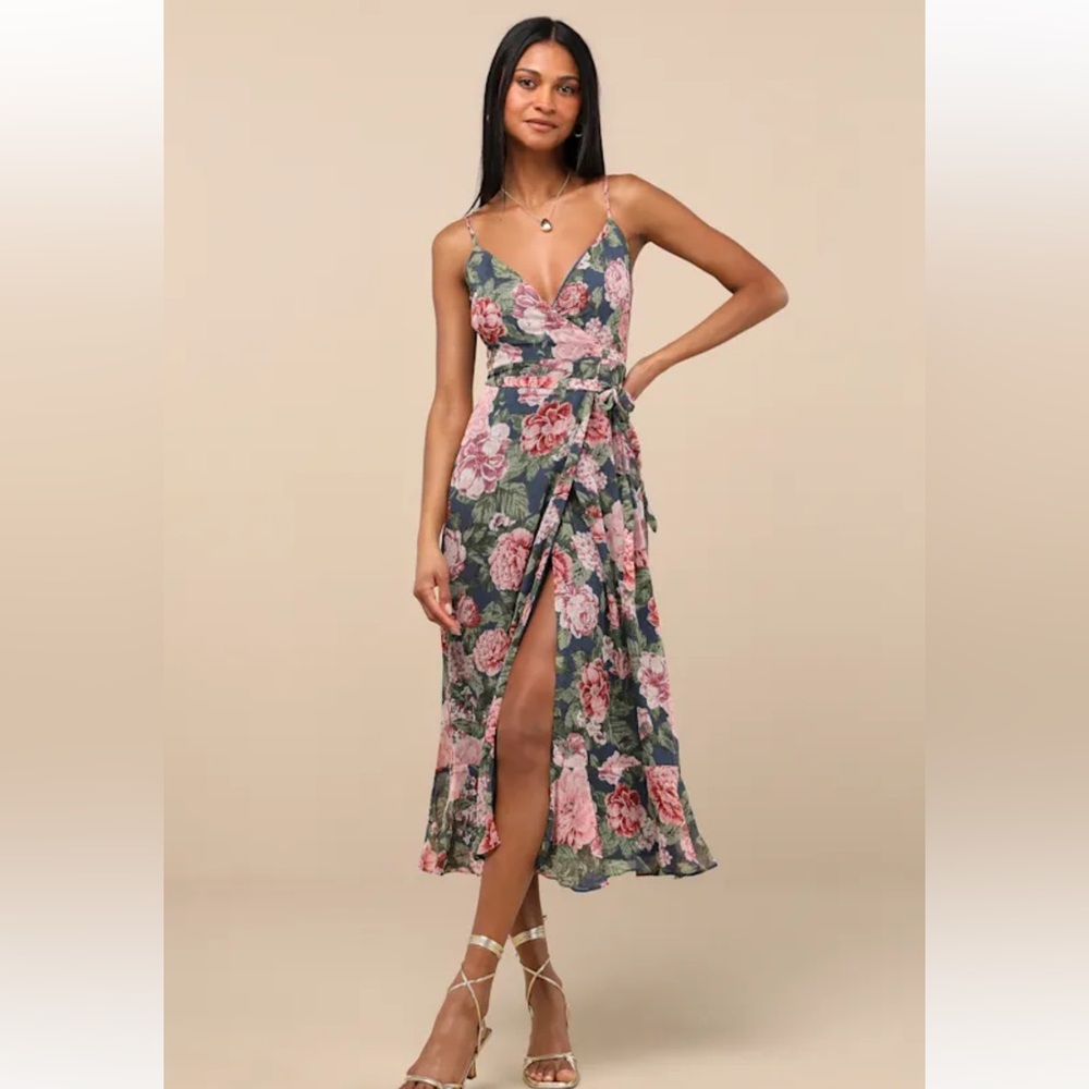 Lulu's Green Floral Wrap Midi Dress with Pink Blooms